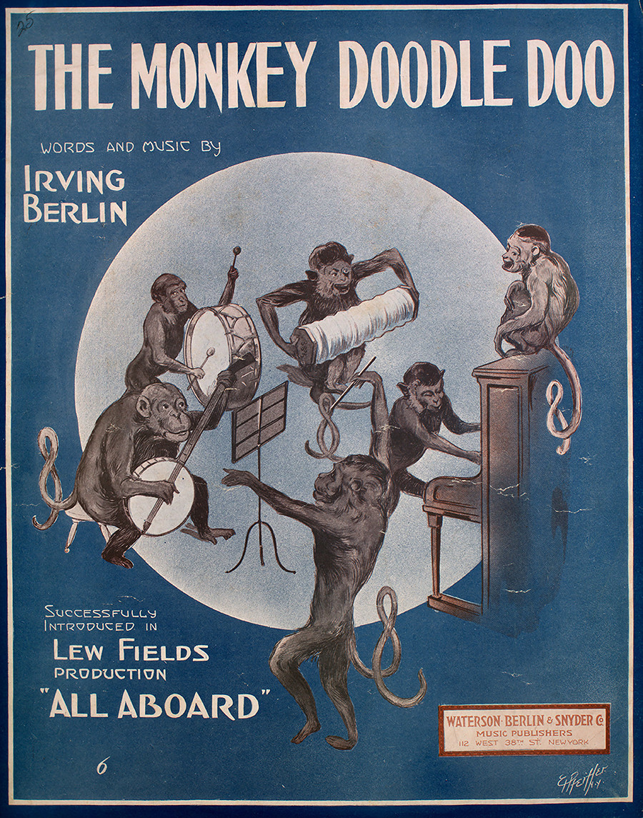 Poster promosi lagu ‘The Monkey Doodle Doo’, dengan catatan kepengarangan asli bertuliskan “Lirik dan Musik oleh Irving Berlin”, AS, 1913.