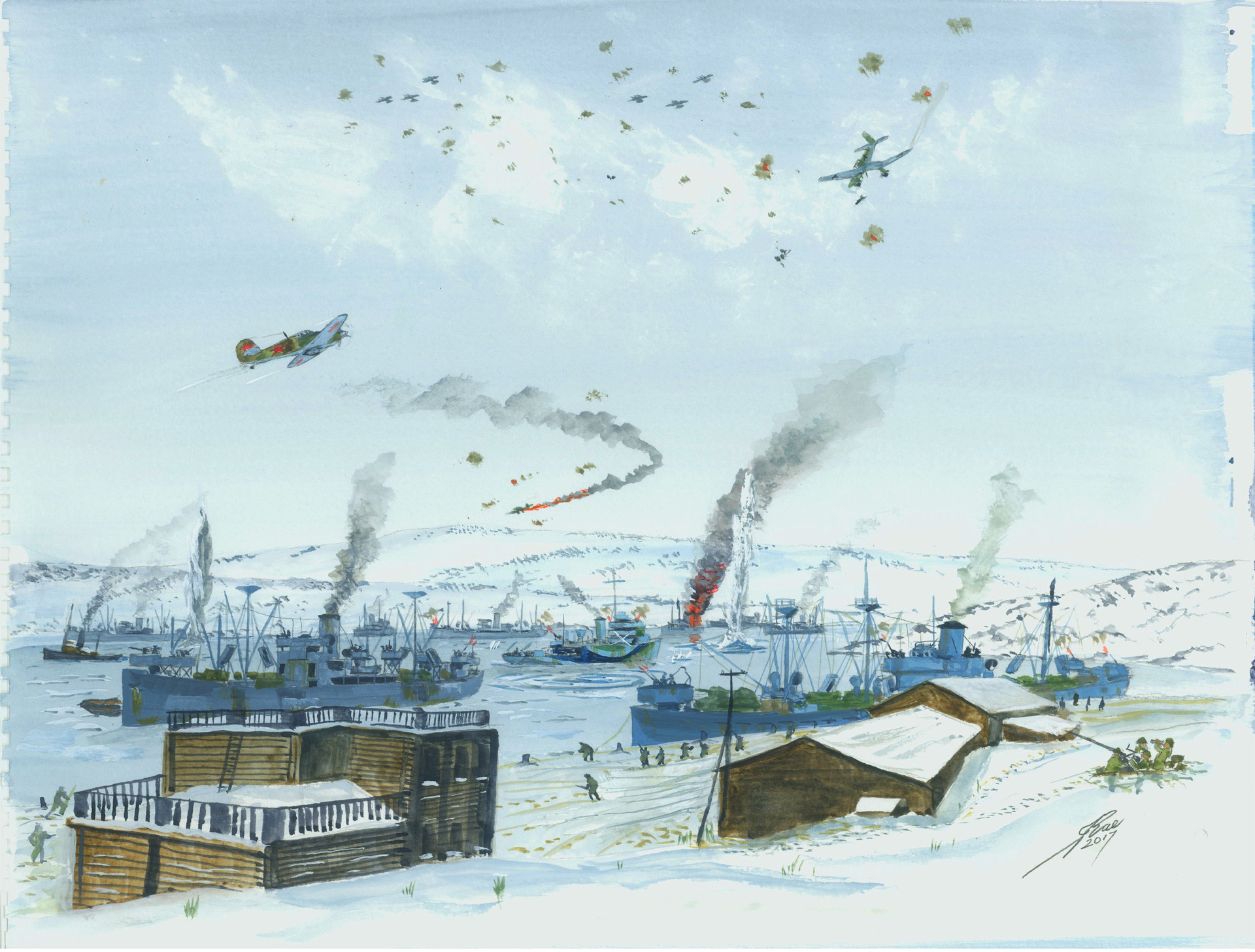 Deutsche Stukas (Sturzkampfflugzeuge) attackieren den Konvoj am Hafen von Murmansk.