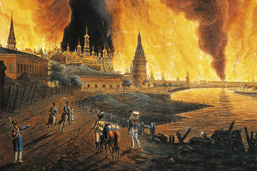 Napoleonova vojska vstopa v gorečo Moskvo, naslikal Boulogne-Billancourt.