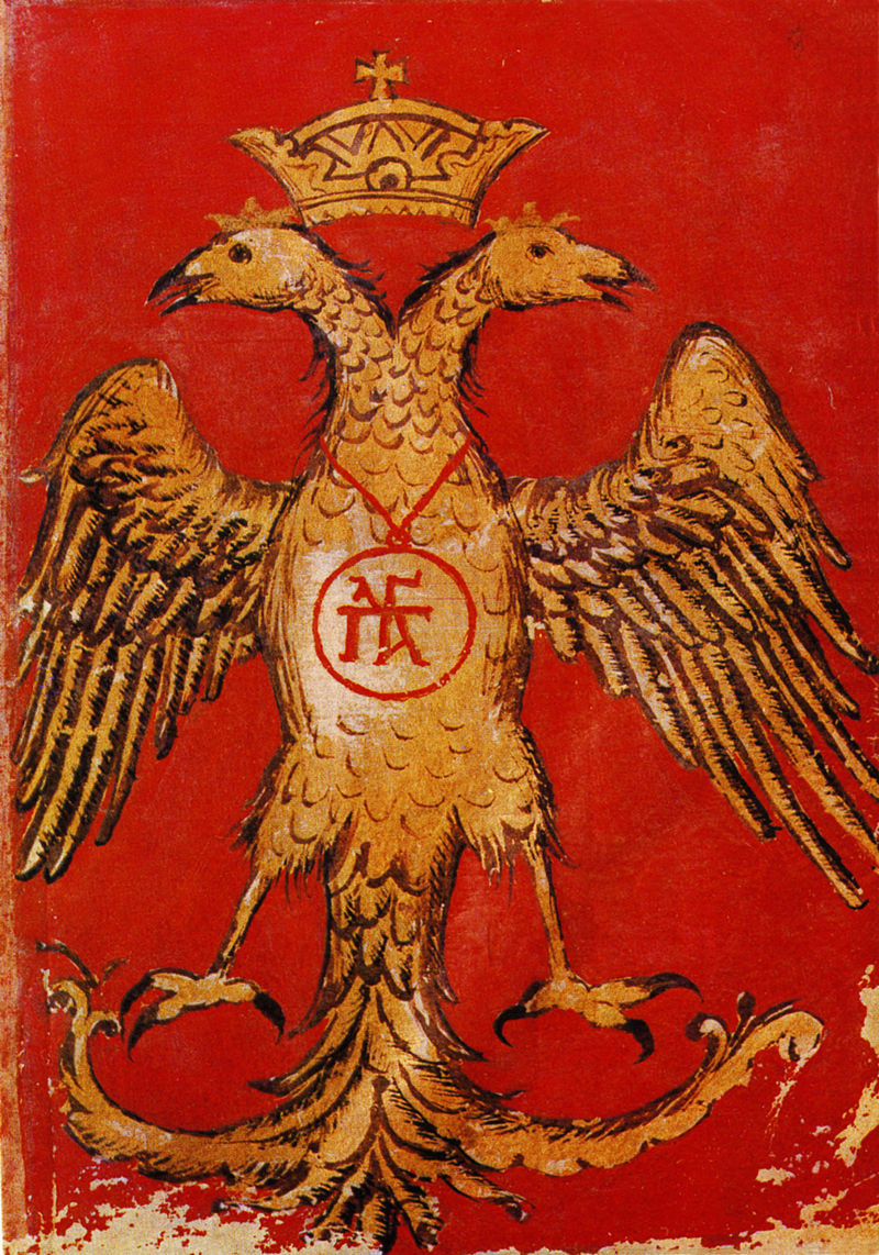 Grb dinastije Paleologov, zadnjih bizantinskih vladarjev, 15. stoletje.
