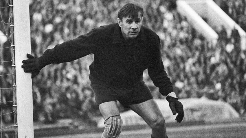 Lev Yashin (1929 - 1990), the best goalkeeper of the 20th century, portrayed during a play.