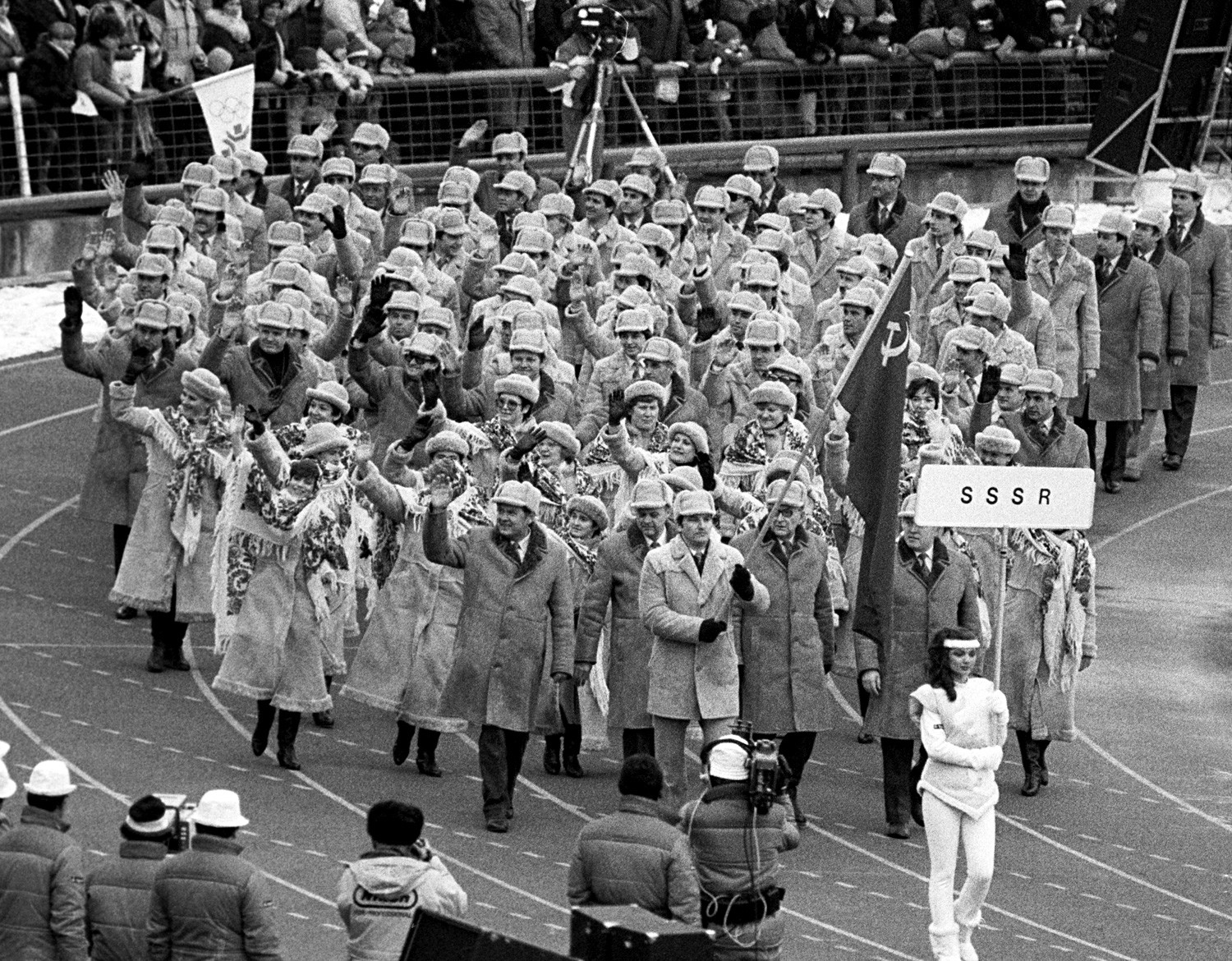The Soviet team marches during the opening ceremony of the 1984 Winter Olympic Games in Sarajevo