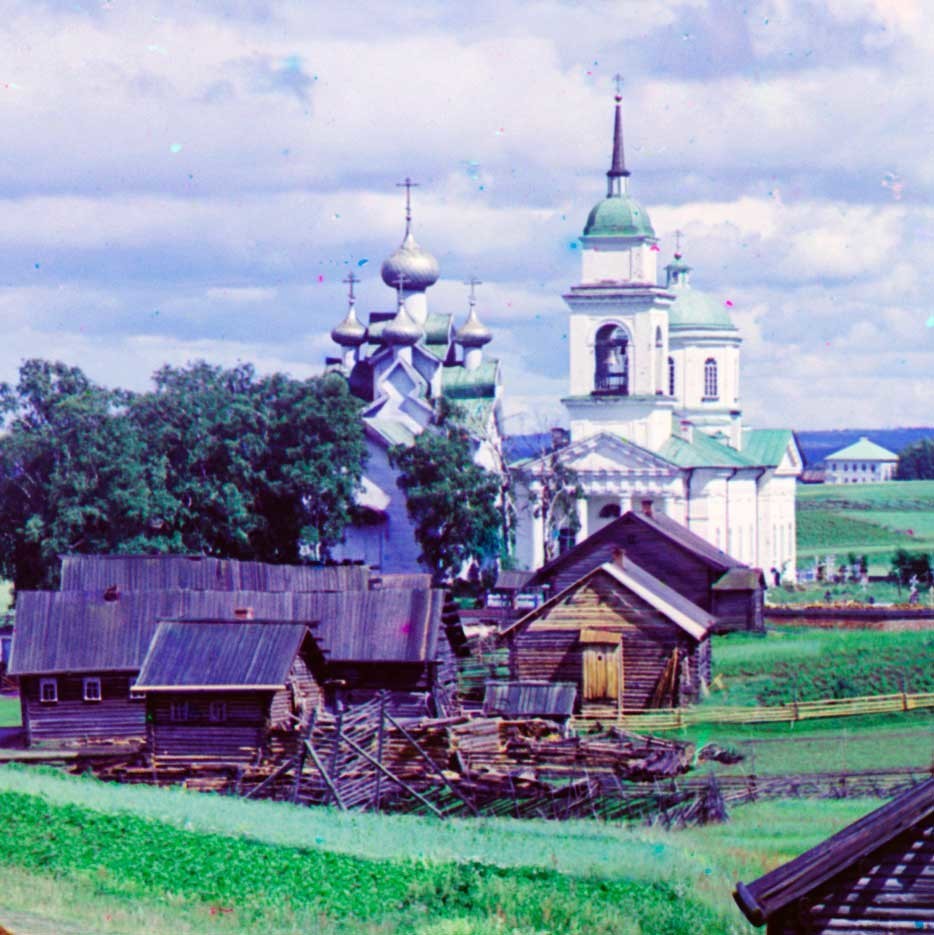 Paltoga. Iglesia de la Epifanía (izquierda) Iglesia de Icono del Signo. Vista oeste. Verano de 1909. 