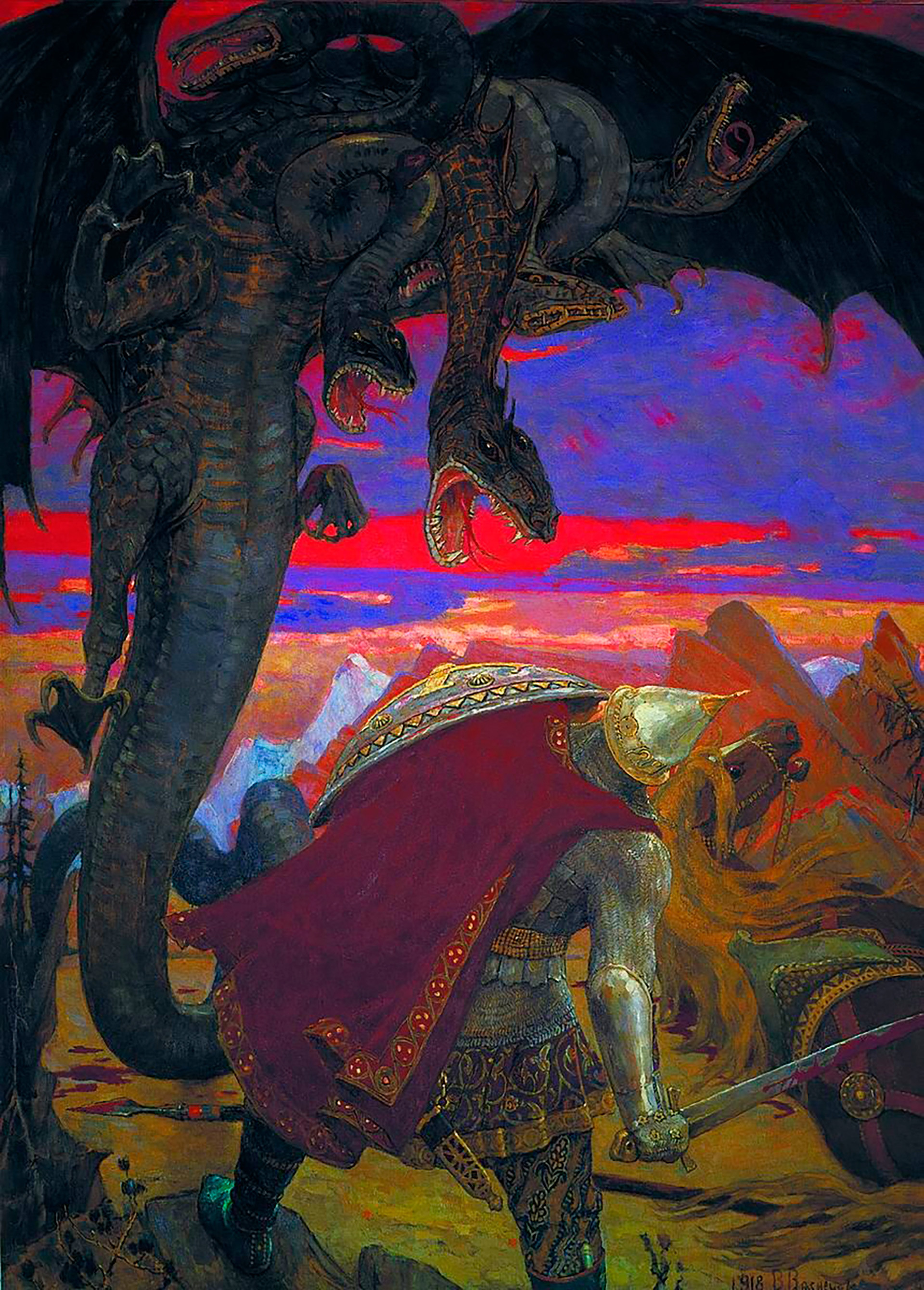 Lukisan “Pertarungan Dobrynya Nikitich dan Zmey Gorynych Berkepala Tujuh” (1918) oleh Viktor Vasnetsov.