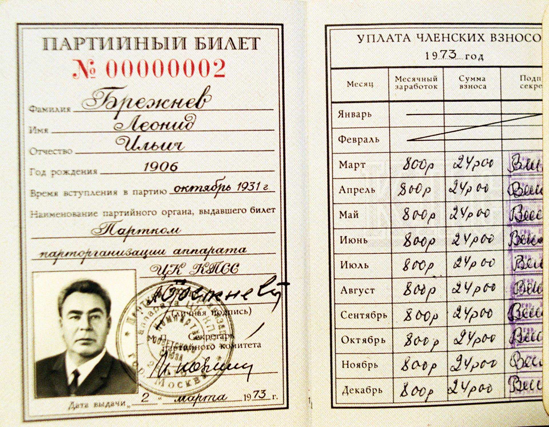 レオニード・ブレジネフ、共産党の党員証
