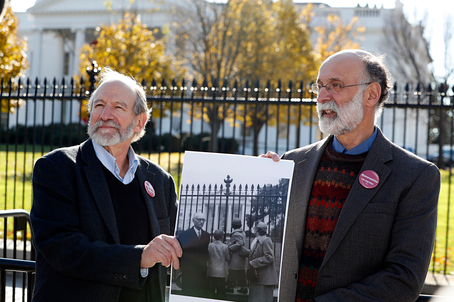 Michael, left, and Robert Meeropol, the sons of Ethel Rosenberg, pose similar to an old photograph of them, before they attempt to deliver a letter to President Barack Obama in an effort to obtain a exoneration for their mother Ethel Rosenberg, 2016. 