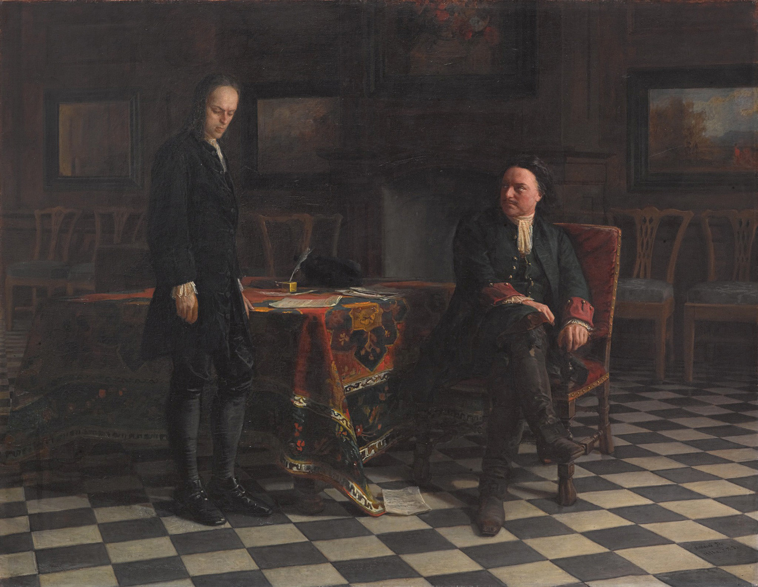 “Pedro, 1º (o Grande) Interrogando Tsarévitch Aleksêi Petrovitch em Peterhof’, de Nikolai Ge