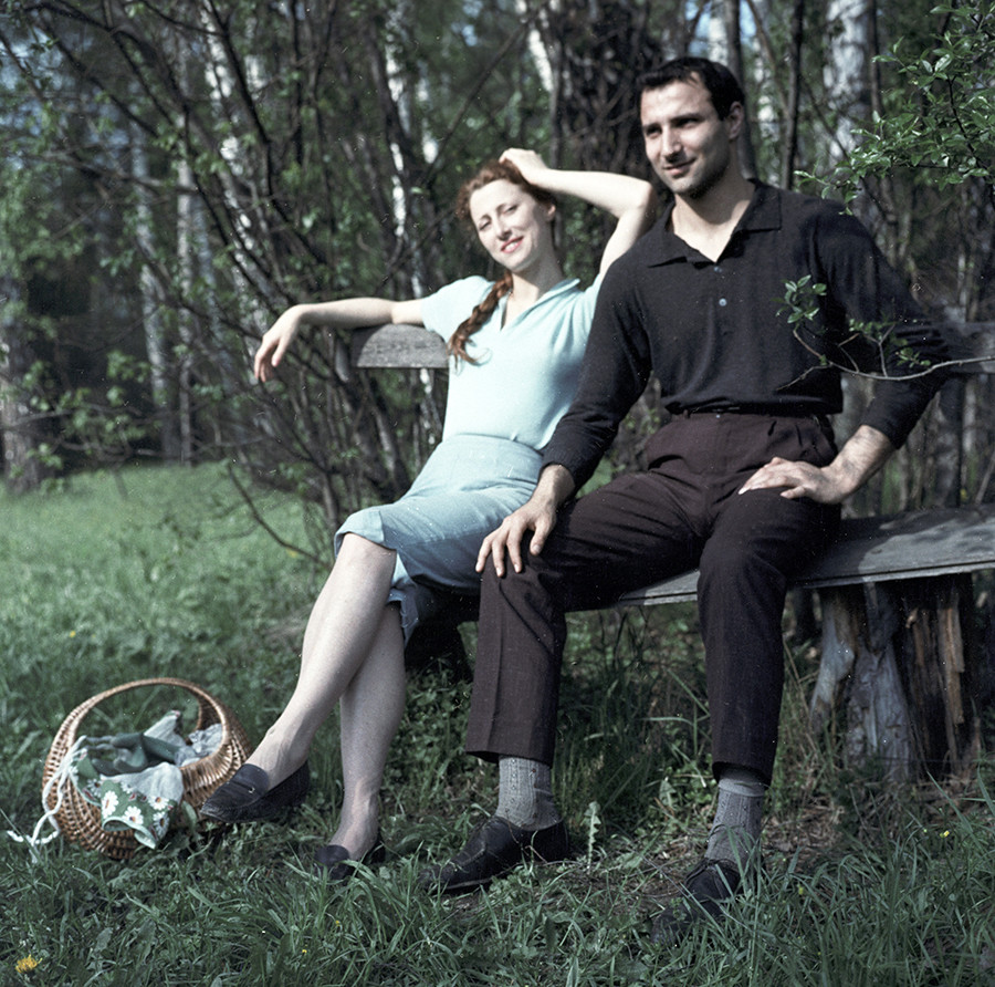 Maya Plisetskaya (left), lead dancer at the Bolshoi Theater and People's Artist of the USSR, and Azary Plisetsky, her brother and ballet dancer at the same theater, relaxing, 1962.