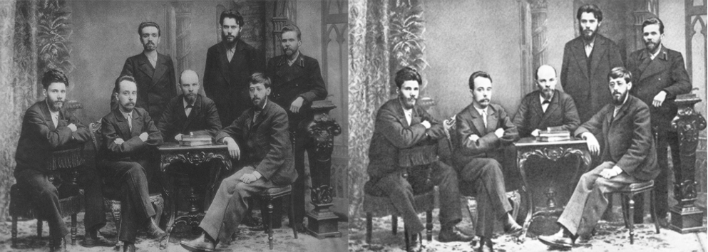 Sestanek članov Zveze za osvoboditev delavskega razreda v Sankt Peterburgu leta 1897. Kmalu po nastanku fotografije je bila celotna skupina aretirana.