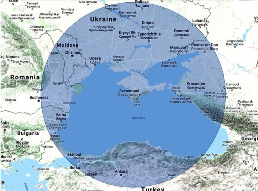 Domet radarskega sistema Nebo-M, če se nahaja na območju Sevastopola na polotoku Krim.