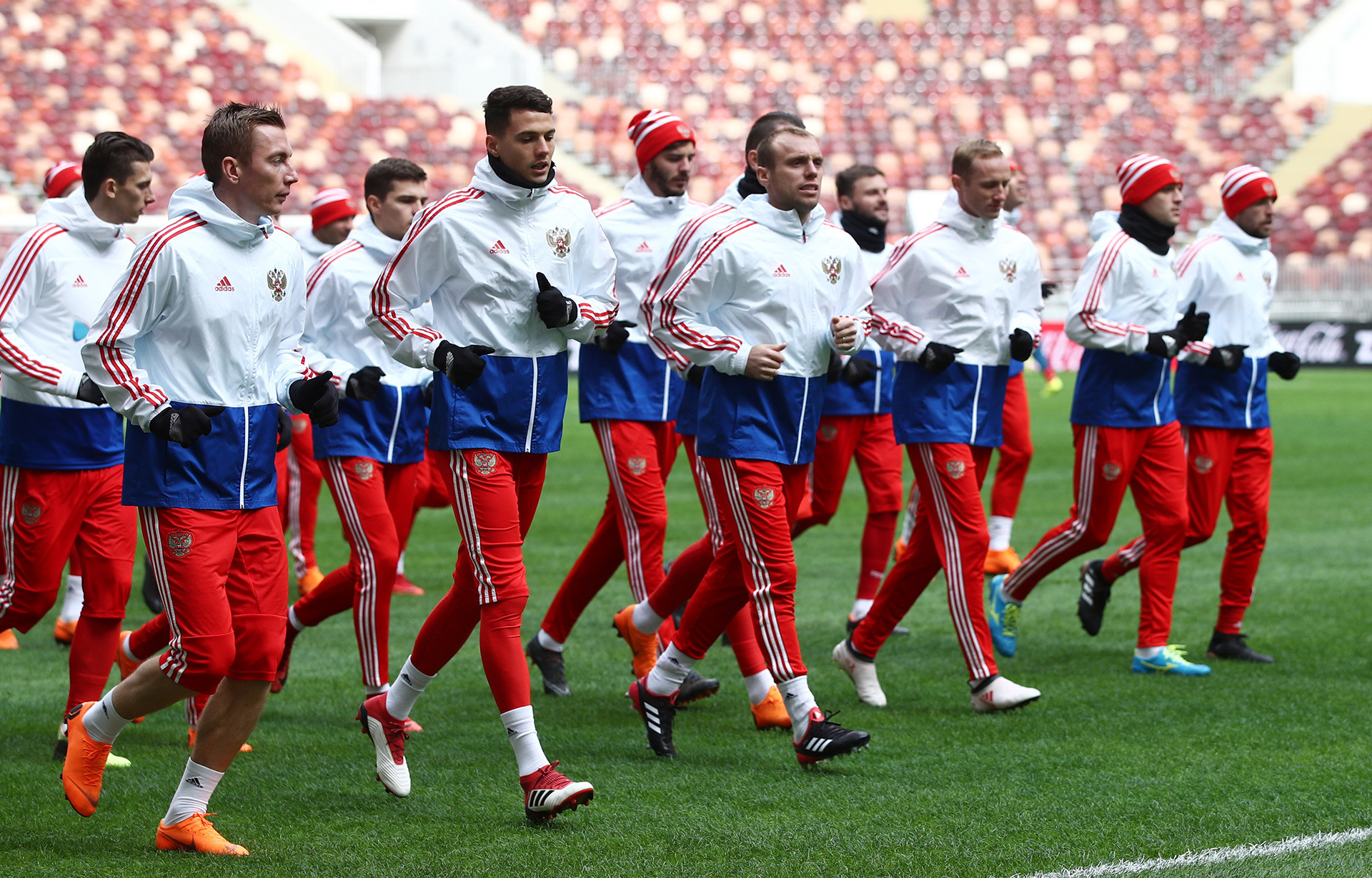 Russian team training before football friendly against Brazil, March 2018.