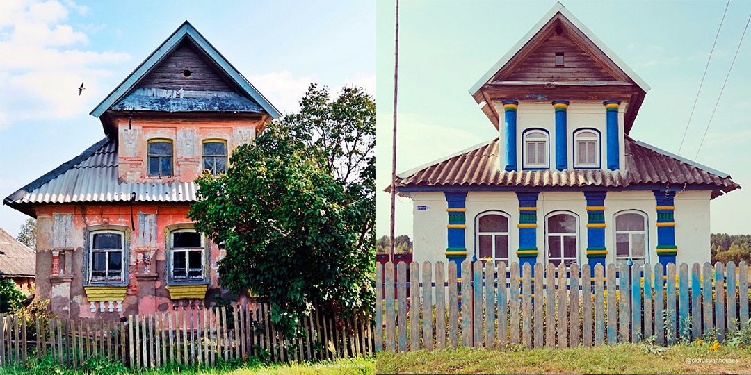 Una casa tradicional ruso, hecho de madera o maderas y con nalichniki,  elegantes adornos en madera decorativa, alrededor de las ventanas. El  estilo de esta casa es disa Fotografía de stock 