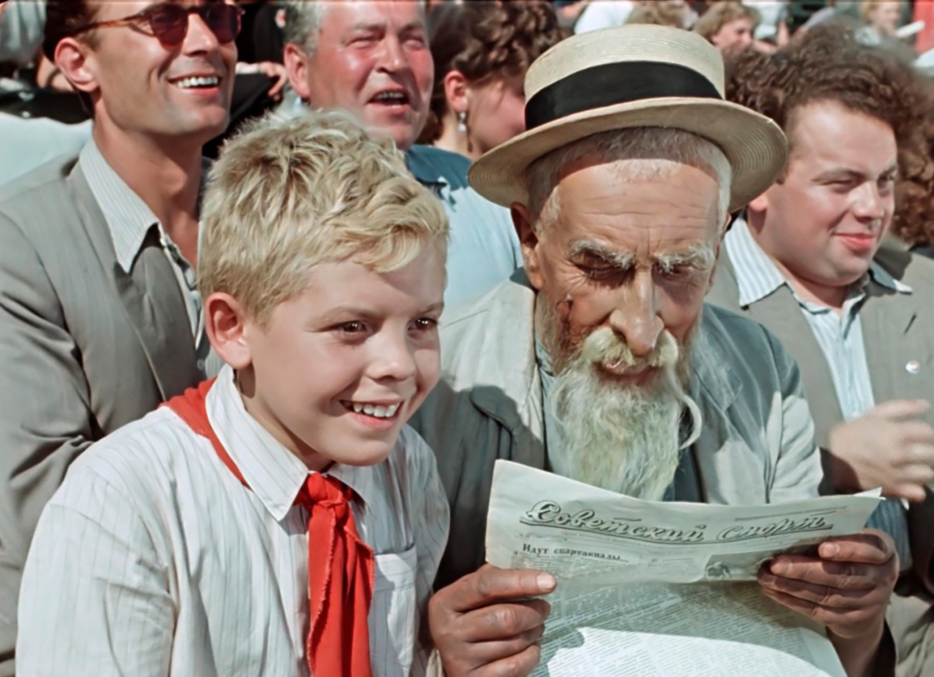 Hottabych and Volka during a football match: A screenshot from a Soviet movie