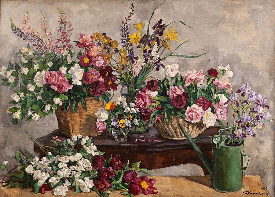 Various flowers (still life with flowers and watering can) by Pyotr Konchalovsky, 1939.