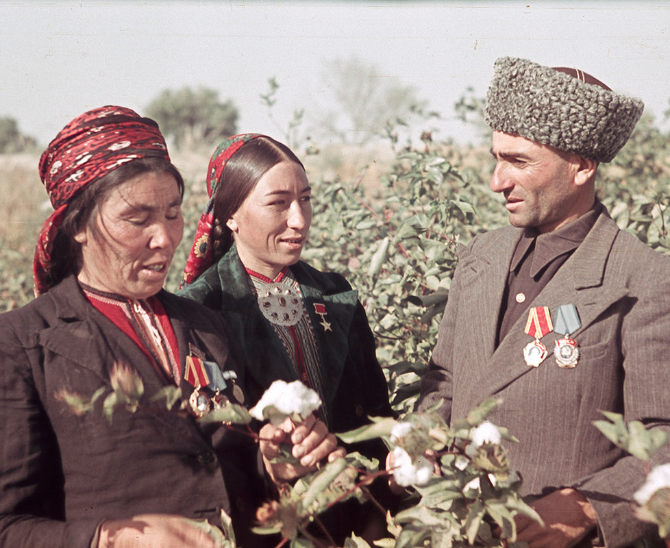 Direktor sovhoza med žetvijo bombaža v Tadžiški SSR