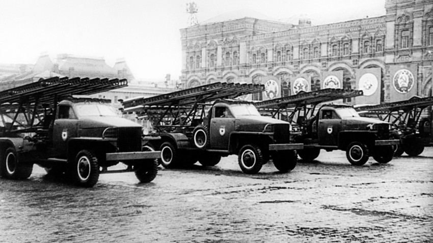 The Victory Day celebrations. BM-13 Katyusha multiple rocket launchers rolling in Red Square. June 24, 1945