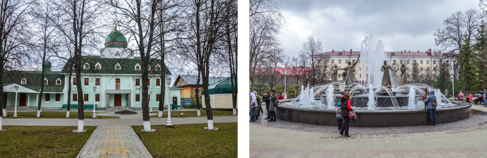 À gauche, l'un des bâtiments du complexe religieux, à droite, la fontaine des 7 jeunes filles.