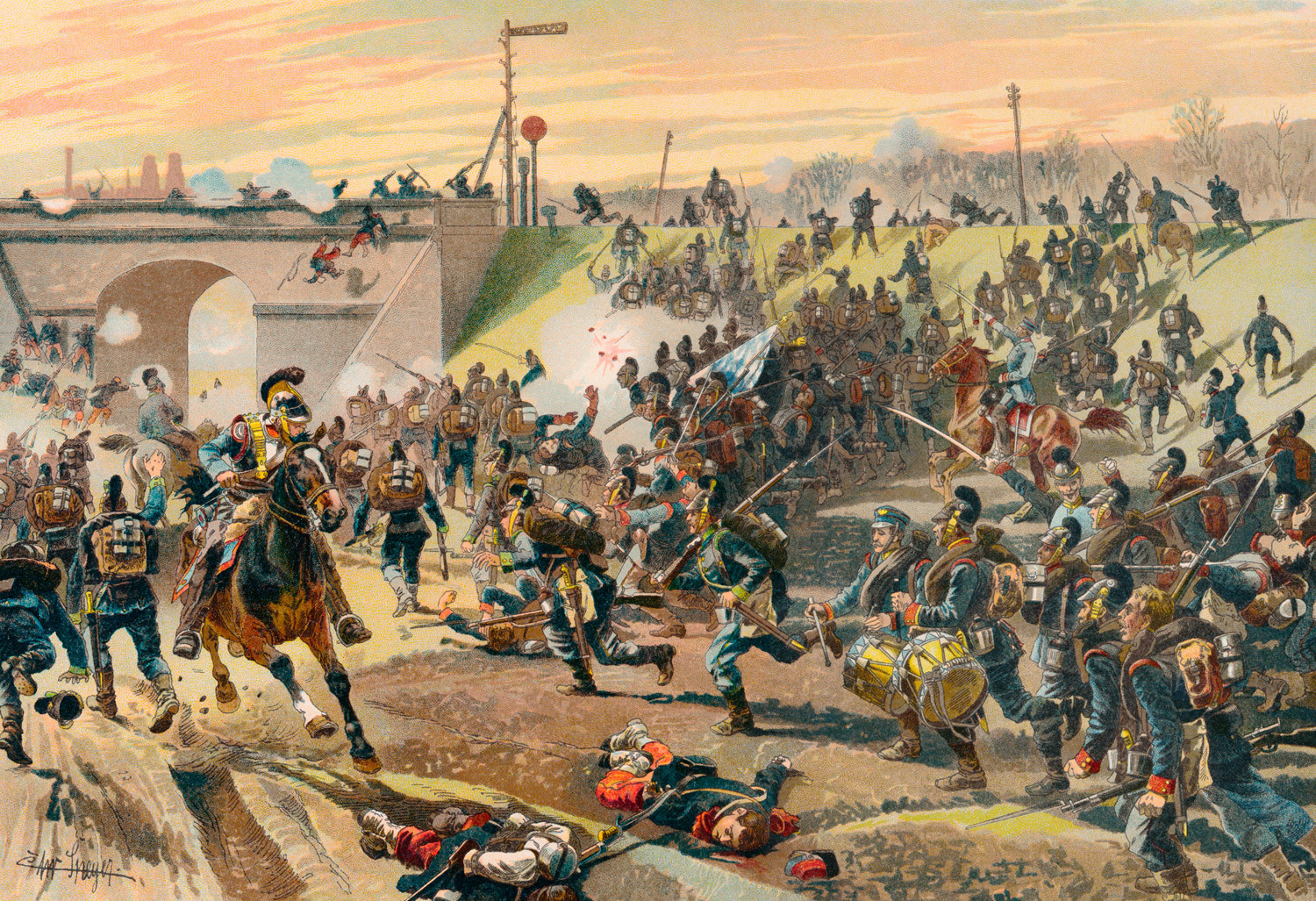 Storming of the railway embankment outside Orleans by the First Bavarian Corps on 11 October 1870, Franco-Prussian War or Franco-German War, 1870-1871, between the French Empire and the Kingdom of Prussia.