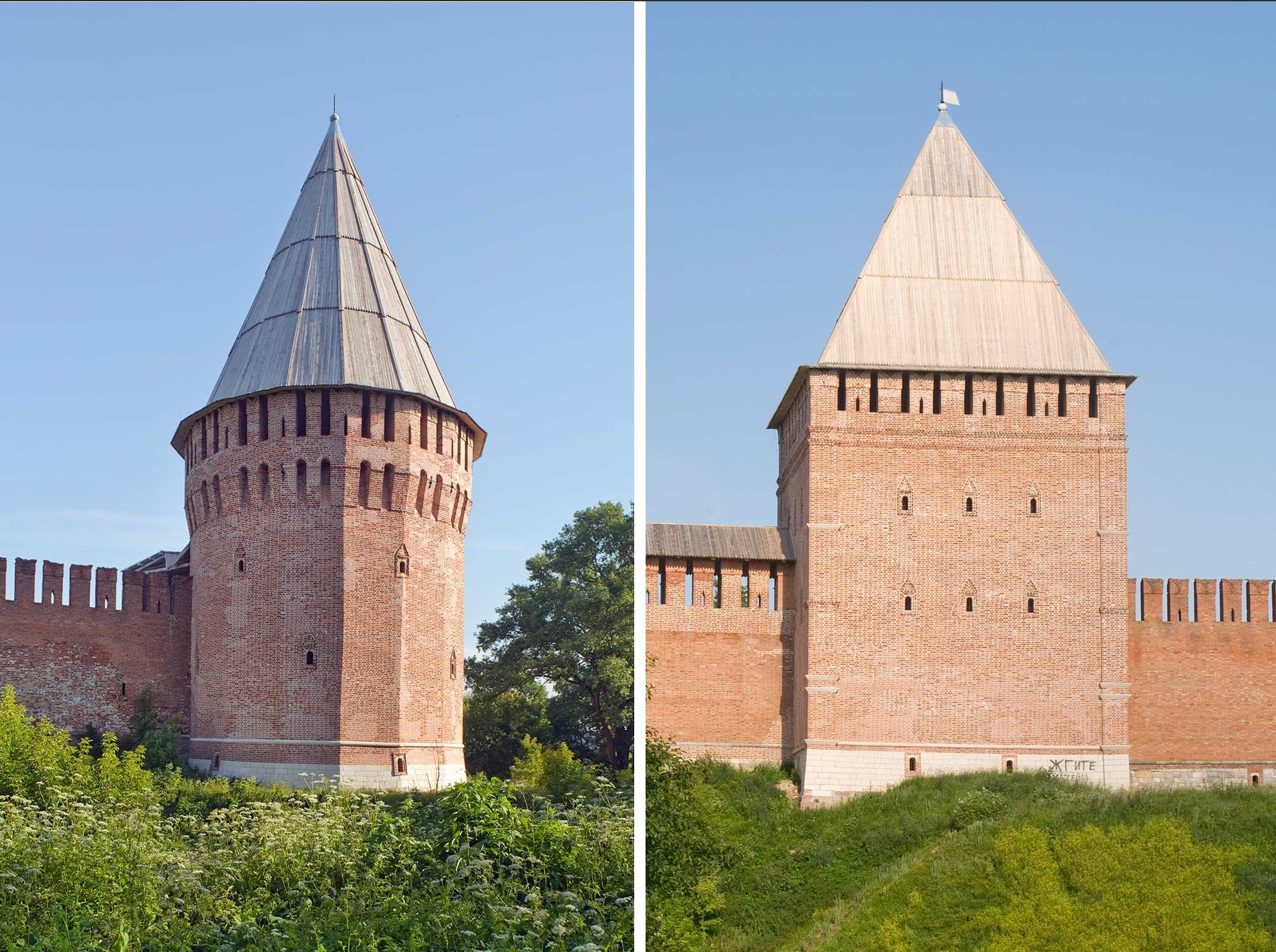 L: Smolensk citadel. Southeast corner with Altar (Belukha) Tower.  R: Smolensk citadel. East wall with Avraamy Tower. East façade. July 1, 2014