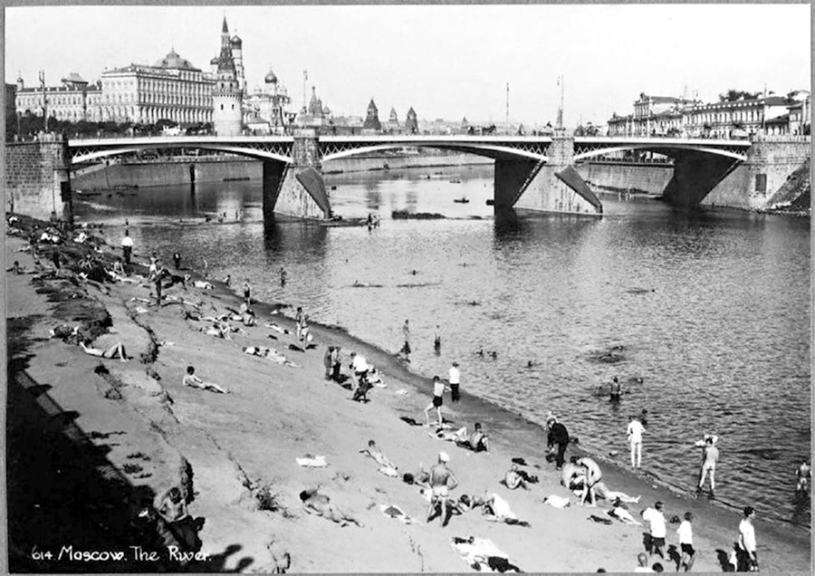 Nude beach near cathedral of Christ the Savior and the Moscow Kremlin, 1920s