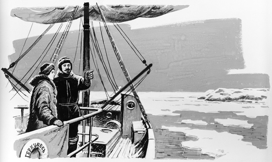 La ilustración “En la cubierta del Hércules, con su esposa Juliette Jean”, por V. Orlov. Gouache y tinta. Copia. Serie de dibujos sobre el explorador Ártico Cladímir Rusánov (1875-1913).