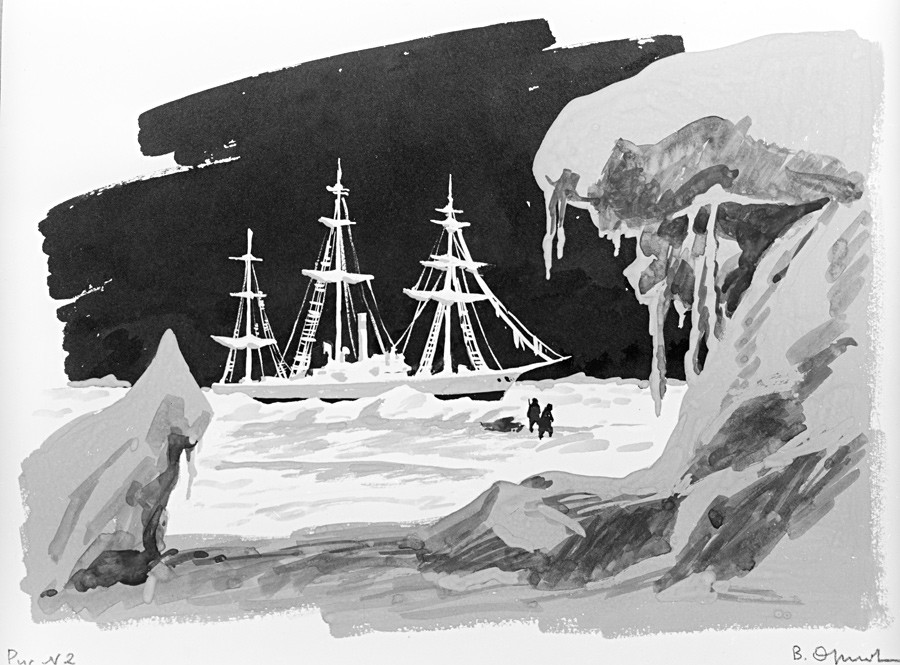 La ilustración “El Hércules, atrapado en los hielos”, por V. Orlov. Gouache y tinta. Copia. Serie de dibujos sobre el explorador Ártico Cladímir Rusánov (1875-1913).