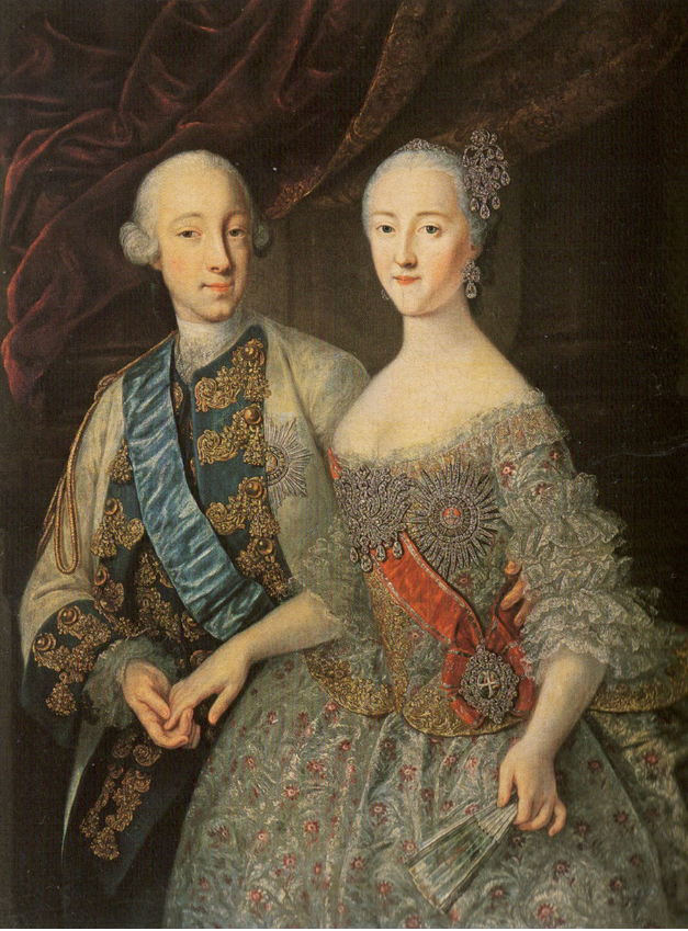 Georg Christoph Grooth je upodobil Petra III. in Katarino Veliko v letu njune poroke.