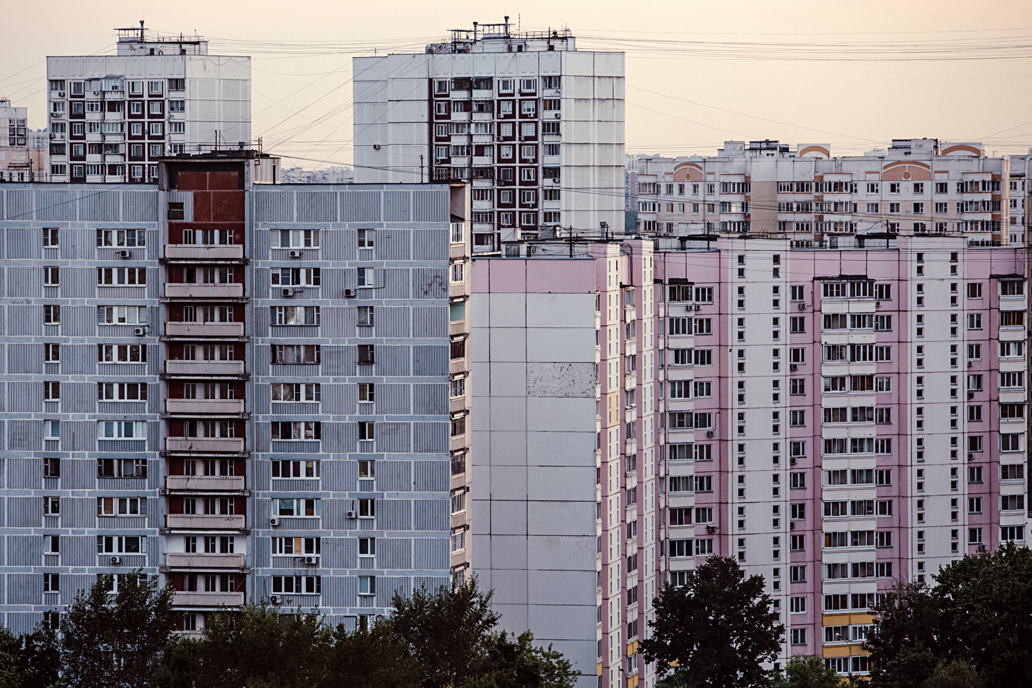 An aerial view of houses in the Severnoye Tushino residential area in northwest Moscow.