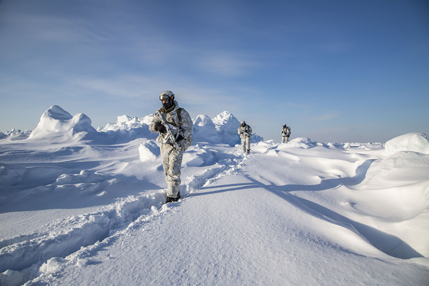 Člani enote specialnih sil v nepregledni snežni puščavi Arktike.