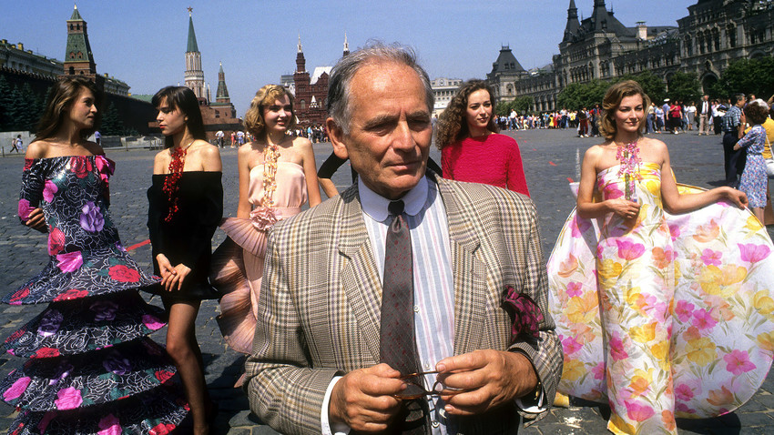 Fashion designer Pierre Cardin and his models at the Red Square in Moscow, Russia, in 1989