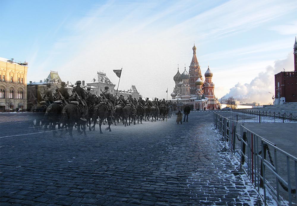 Moscú, 1941-2010. Desfile, 7 de noviembre de 1947. Las tropas marchando directamente hacia la línea del frente.