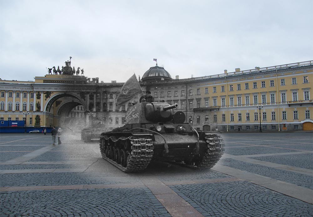 Leningrado (actual San Petersburgo), 1941-2009. Plaza del Palacio. Tanque pesado KV-1.