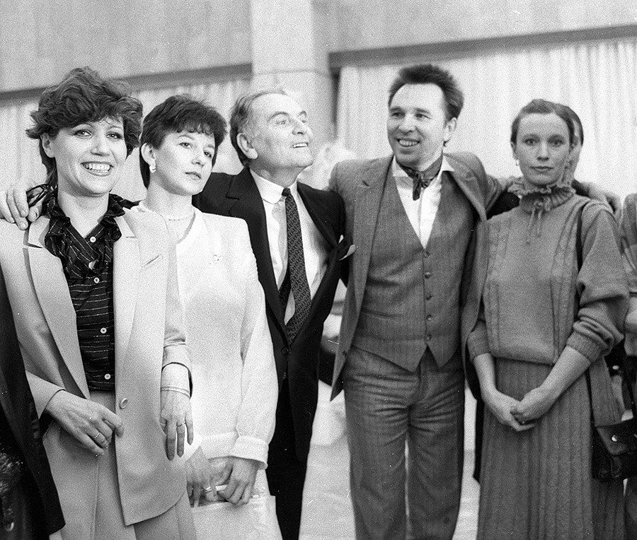  French couturier Pierre Cardin (forth from right) and Russian fashion designer Vyacheslav Zaitsev (third from right) in the Moscow Fashion House, 1983