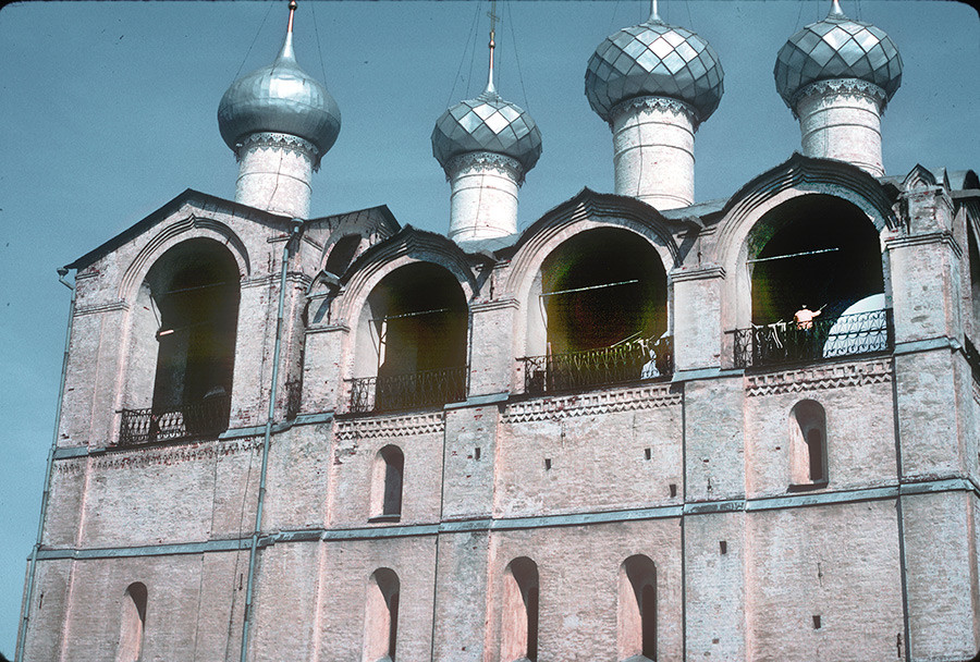 Cathedral belfry, upper tiers with bell ringers. August 21, 1988.