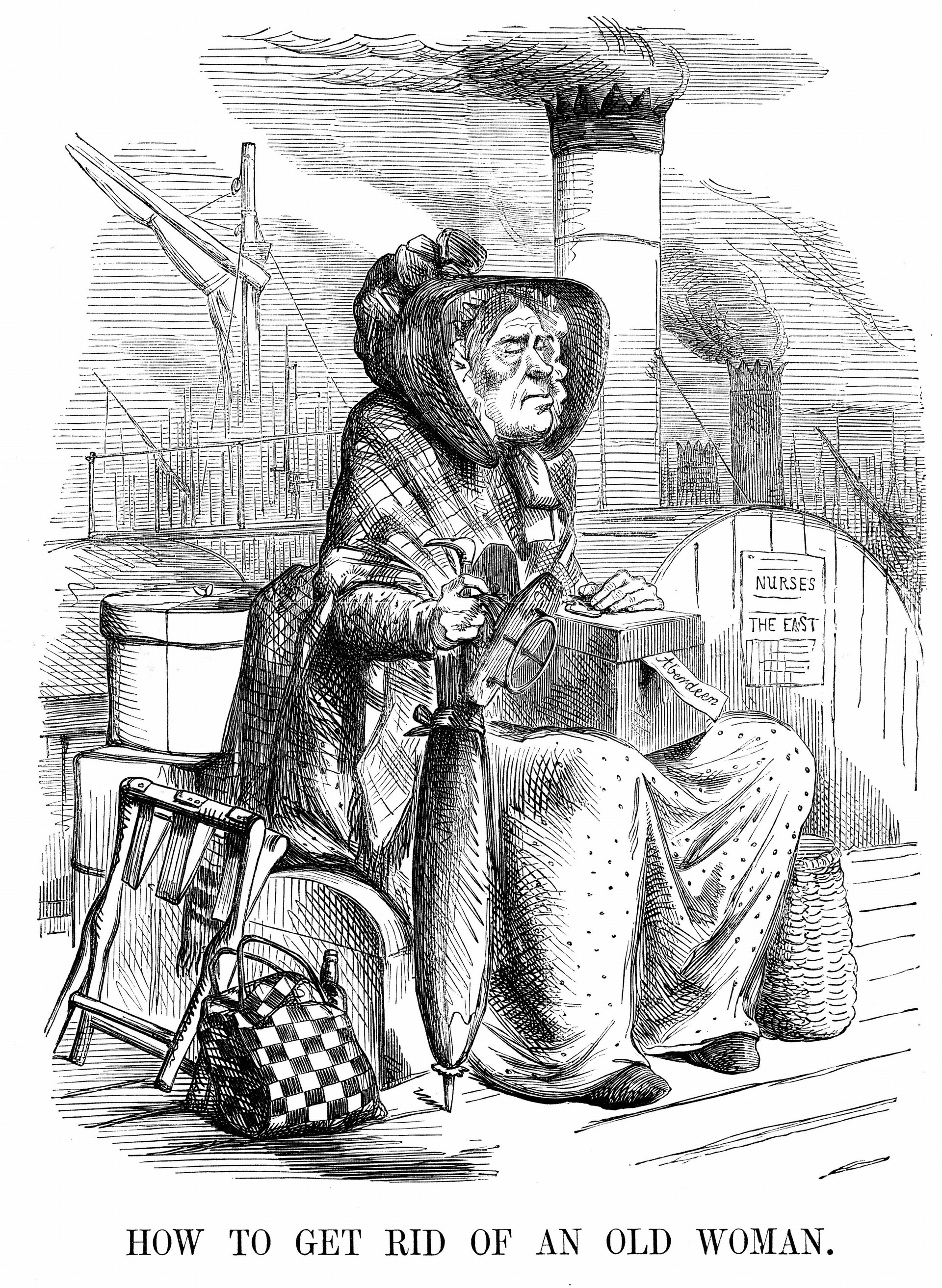Karikatura britanskega preimerja Georgea Hamiltona Gordona, grofa aberdeenskega, ki mu časnik Punch očita slabo vodenje Velike Britanije v krimski vojne, 28. 10. 1954. Premier je upodobljen kot stara ženica oskrbovalka, ki se odpravlja celit rane britanskim vojakom na Krimu.
