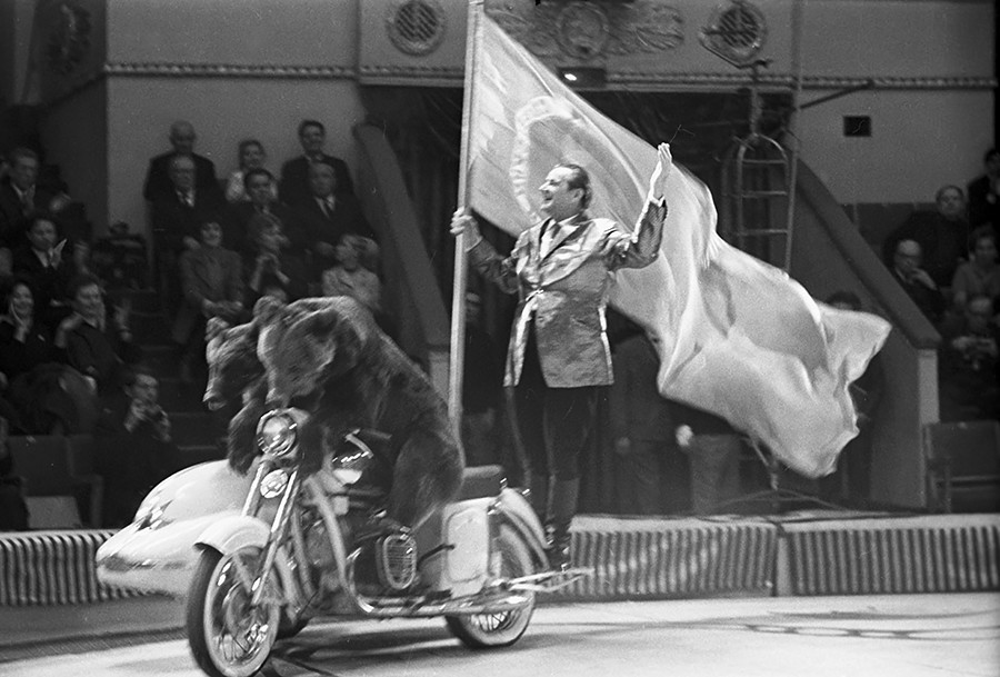 Valentin Filatov com ursos treinados durante um show em evento de gala dedicado ao aniversário do circo soviético. Circo de Moscou na Tsvetnôi Bulevar, 1969.