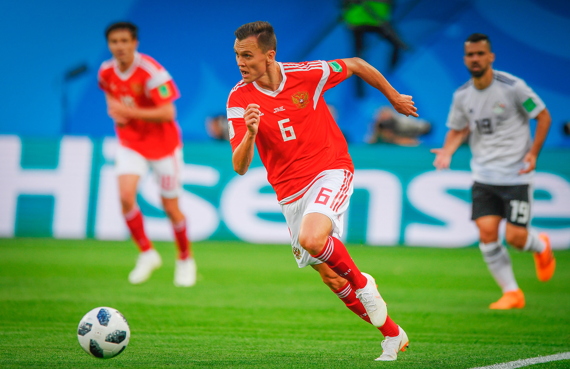 Denis Cheryshev, Team Russia's best striker on the tournament. He scored in matches against Saudi Arabia (twice), Egypt, and Croatia.