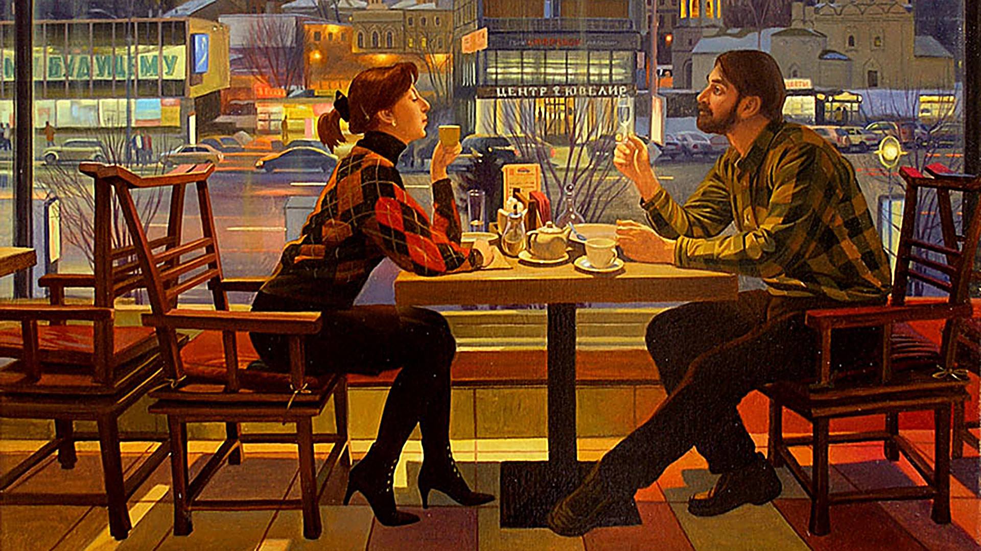 С разговором со сюжетом. Картина двое в кафе.