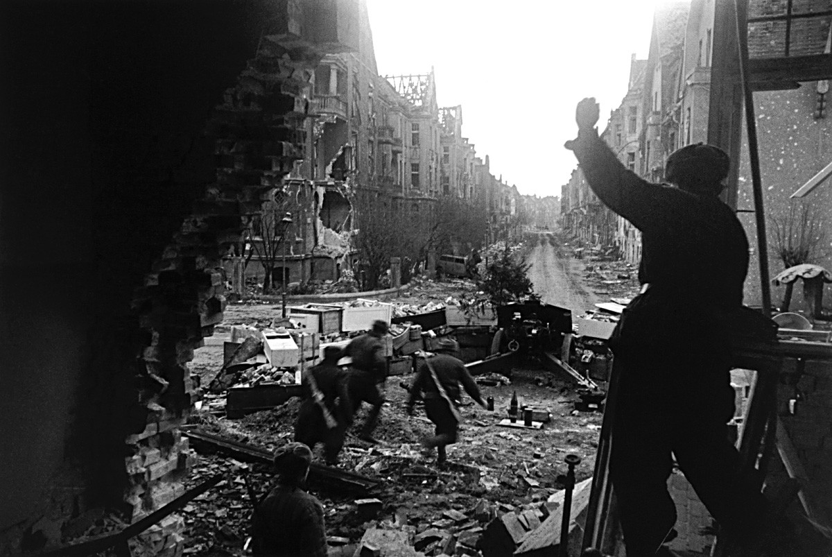 The Red Army battles in the streets of Berlin during the Fall of Germany in 1945.