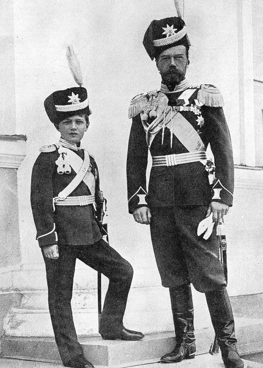 Nicholas II with his son Alexis in military uniform.