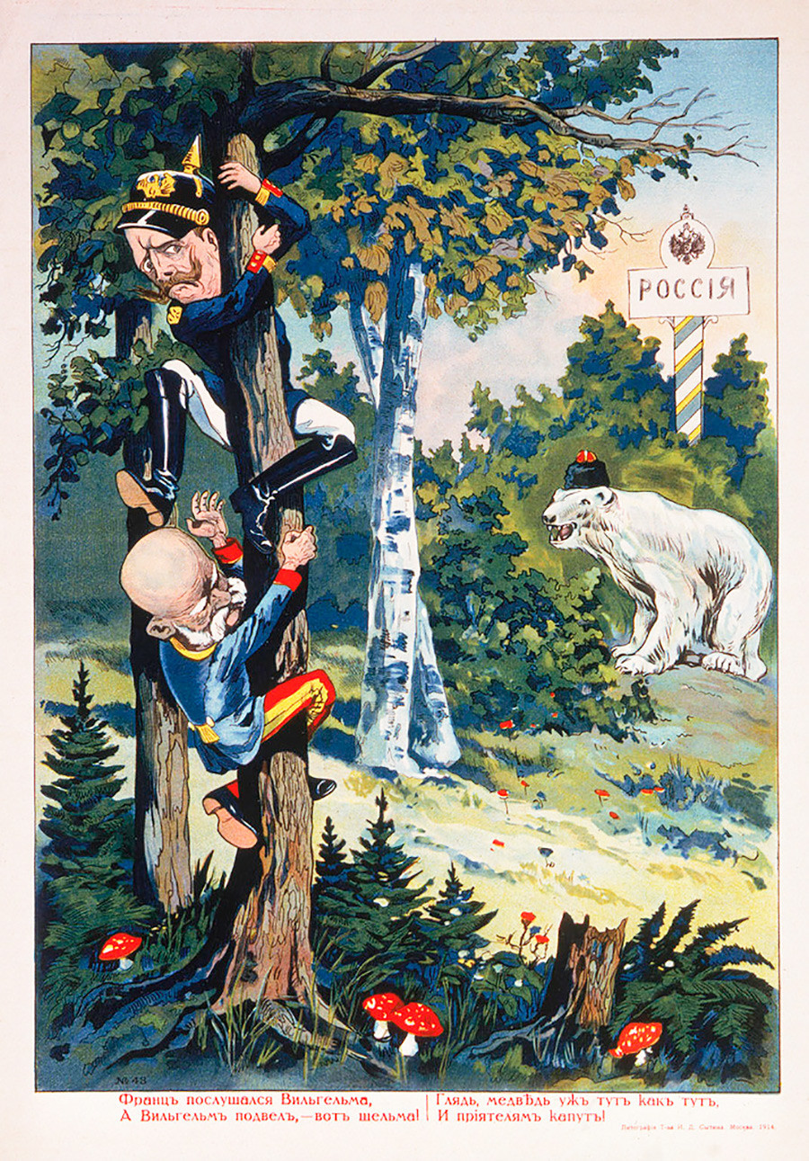 Ruski beli medved je Viljema II. in Franca Jožefa pregnal na drevo.
