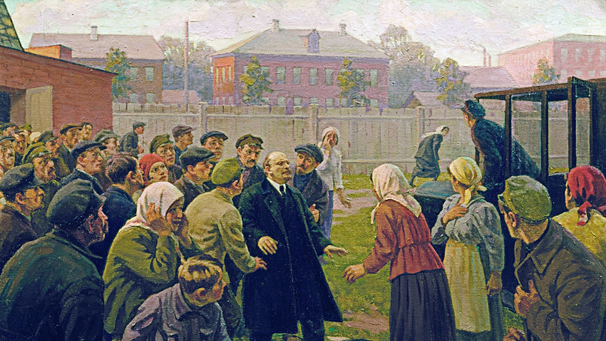 Pintura de M.G. Sokolov. “Tentativa de assassinato a Vladímir Lênin, 30 de agosto de 1918”. No Museu Central Vladímir Lênin.