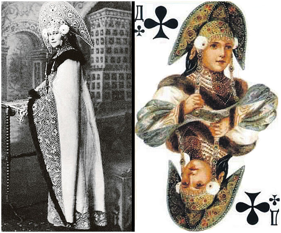 Ratu pada kartu remi keriting yang mencontoh pakaian Grand Duchess Elizaveta Fedorovna.