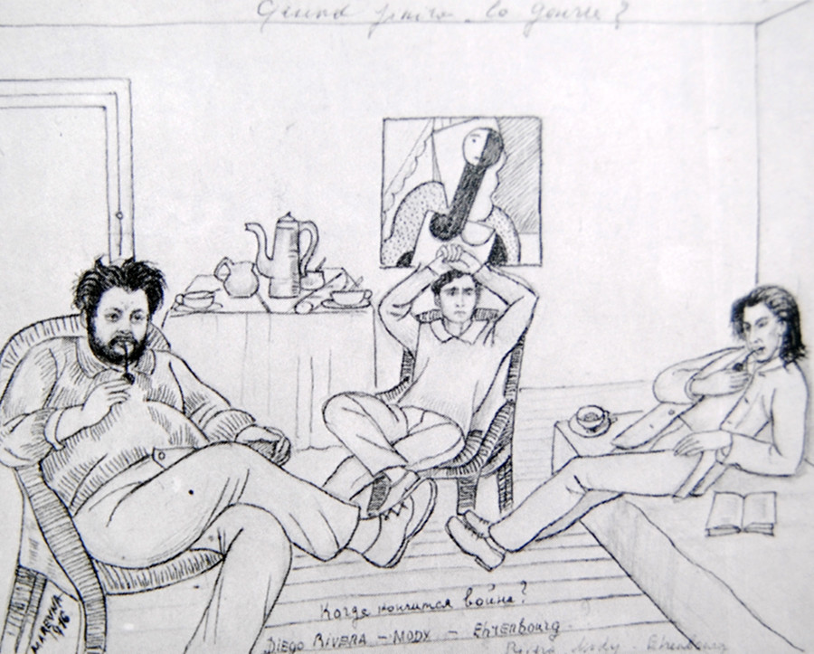 ディエゴ・リベラ、アメデオ・モディリアーニ、　イリヤ・オレンブルグ。レベラのアトリエにて。デパール通り、パリ、1916年。