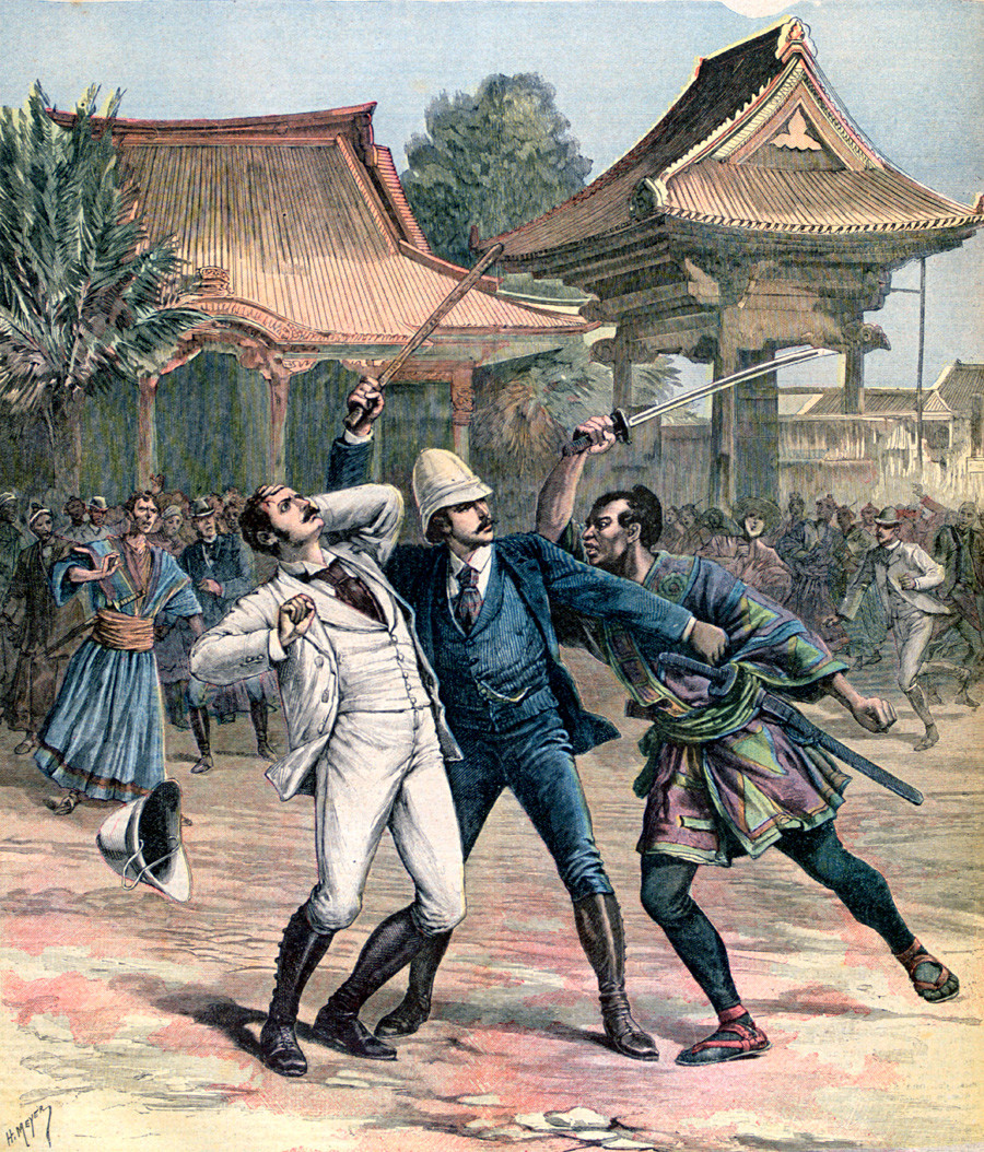 The failed assassination attempt on Tsarevich Nicholas of Russia, Otsu, Japan, 1891. A print from a supplement to the Le Petit Journal, 30th May 1891