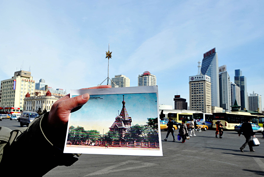 Uma comparação da foto antiga de uma igreja russa com seu atual endereço em Harbin, capital da província chinesa de Heilongjiang, no nordeste do país.