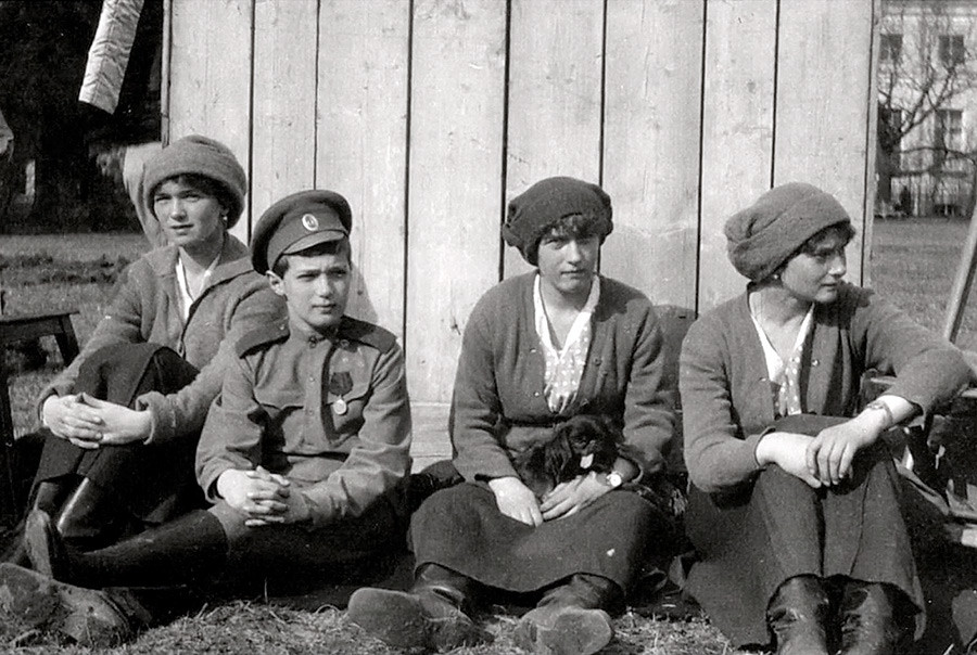 Alexei and three of his sisters in the ex-royal residence, May 1917.