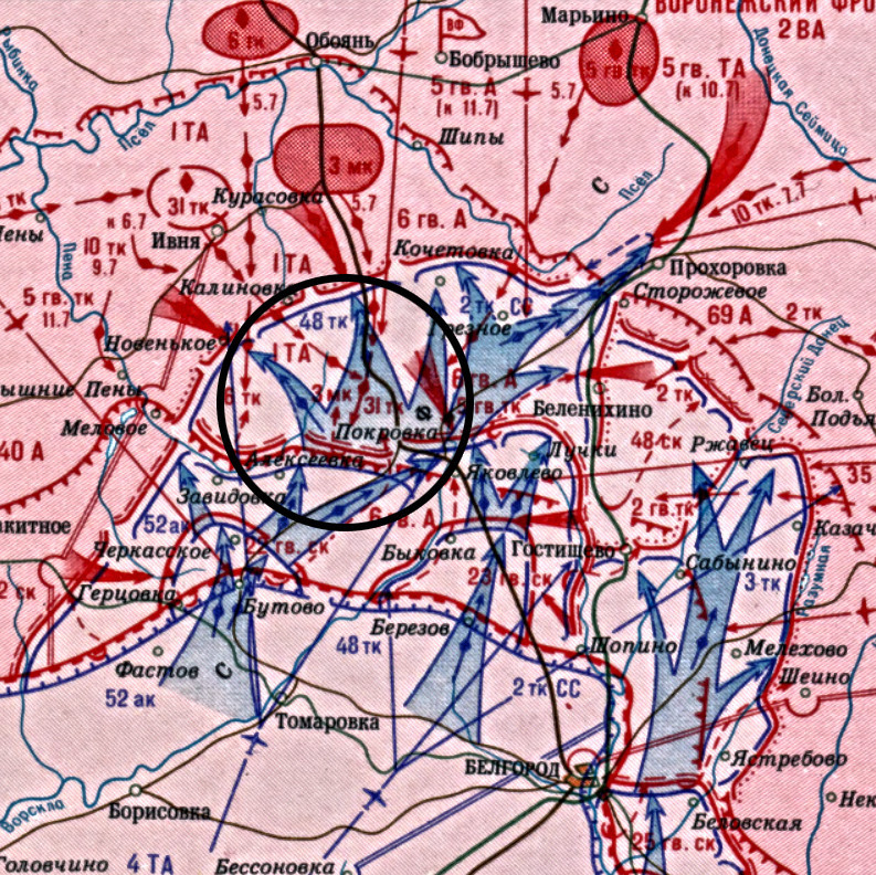 Zemljevid bojev 48. oklepnega korpusa 7. julija 1943