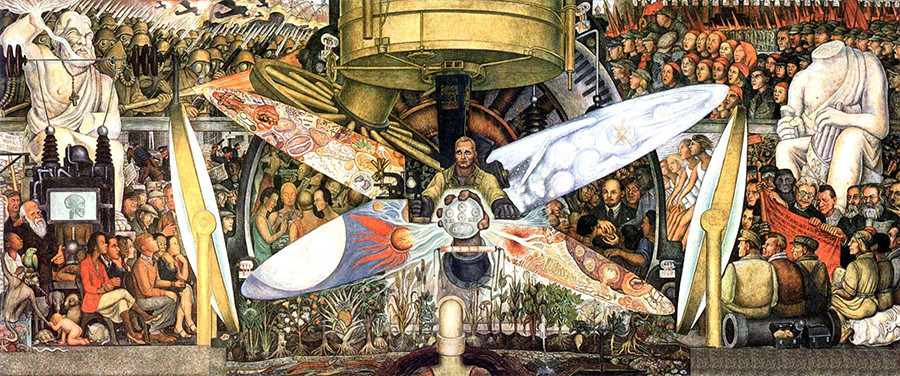 „Der Mensch kontrolliert das Universum“ mit den Porträts von Leo Trotzki, Karl Marx und Friedrich Engels