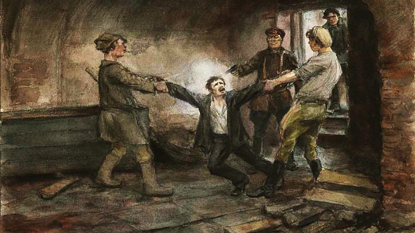 「ペトログラードのチェーカー（秘密警察）の地階にて(1918年)」。イワン・ウラジーミロフ作。